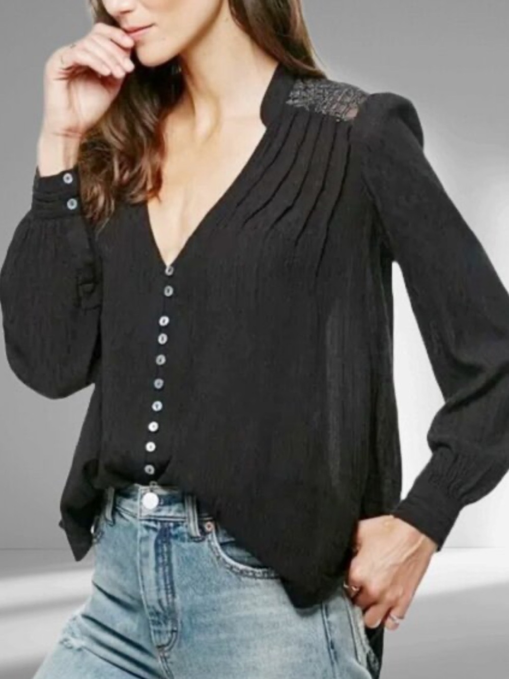 Free People Black V-Neck Button-Front Blouse